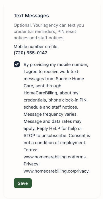 Caregiver app, Profile, Text Messages: the mobile number on file, a ticked consent box beside the consent statement naming Sunrise Home Care, and a Save button.